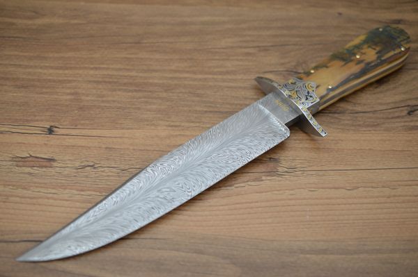 Steve Dunn M.S. Large Damascus Bowie, Mammoth Scales, 24K Gold Engraved
