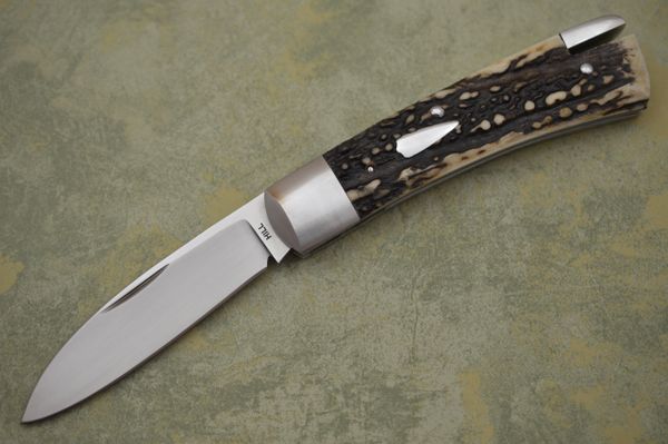 Toby Hill Large Tail-Lock Folding Knife, Stag Scales, File-Worked Liners