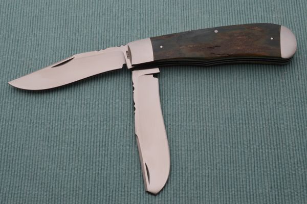 Rusty Preston Fossil Mammoth Large 2-Blade Trapper, Roman Knot File-Work (SOLD)