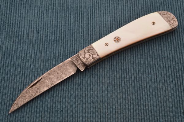 Steve Dunn M.S. Damascus Pearl Wharncliffe Trapper Slip-Joint Folding Knife