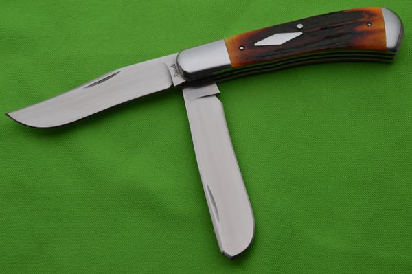 Bill Ruple 2-Blade Large Amber Stag Trapper, Slip-Joint Knife (SOLD)
