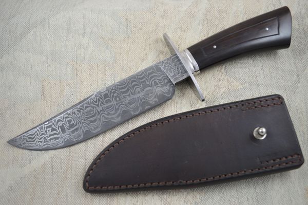 Lin Rhea, J.S. Damascus Bowie Knife, Kenny Rowe Sheath | Windy City Knives