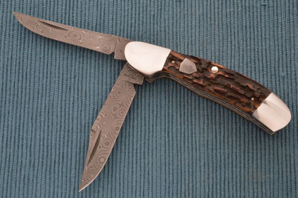 Luke Swenson 2-Blade Stag Copperhead, Devin Thomas Stainless Raindrop Damascus, Slip-Joint Folding Knife