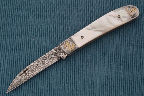 Steve Dunn M.S. Pearl Damascus Wharncliffe Trapper Slip-Joint Folding Knife