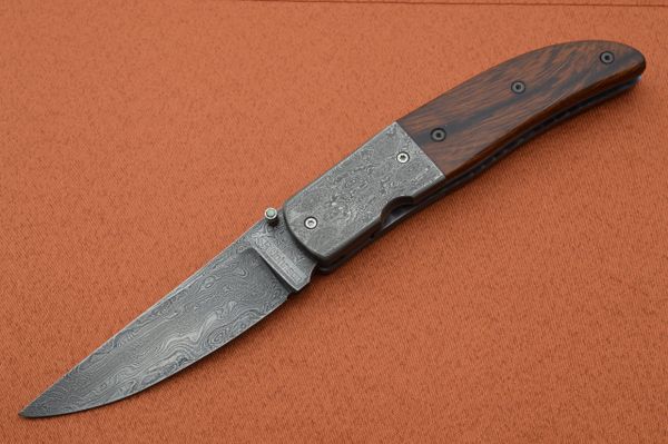 K.R. Johnson Damascus, Desert Ironwood Liner-Lock Folding Knife