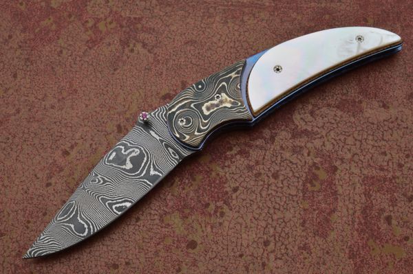 Corrie Schoeman Pearl and Damascus Liner-Lock Folding Knife (SOLD)