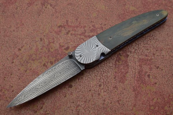 Corrie Schoeman Fossil and Damascus Liner-Lock Folding Knife