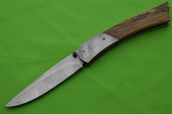 Thomas Vallotton Persian Damascus and Fossil Bolster Release D/A Liner-Lock Folding Knife