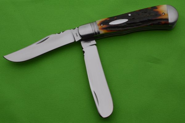 Bill Ruple Two-Blade Stag Trapper, File-Worked Blade Spine, Spring & Liners (SOLD)