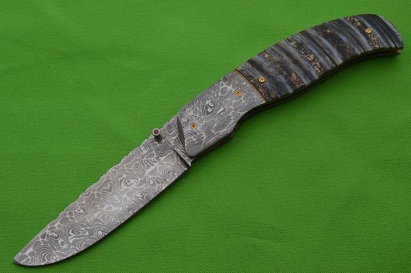 George Muller Fossil Molar and Damascus Liner-Lock Folding Knife