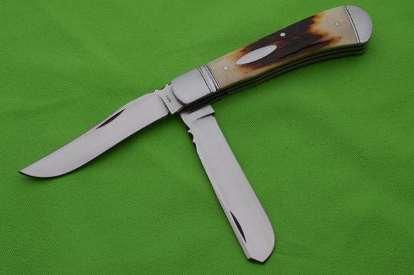 Bill Ruple Two-Blade Natural Stag Trapper, File-Worked Blade Spine, Springs & Liners