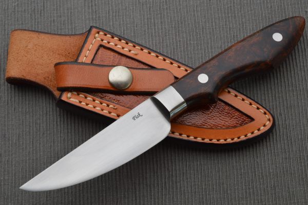 Jerry Fisk, M.S. Drop Point Desert Ironwood Hunting Knife + Rowe Leather Sheath (SOLD)