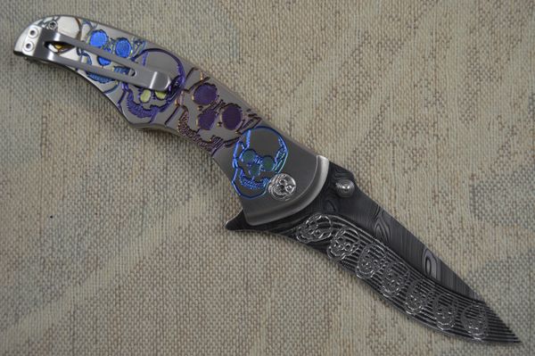Brian Tighe "Tighe Coon" Flipper Engraved Skulls Titanium and Damasteel (SOLD)