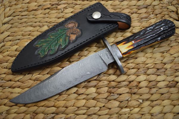 Dickie Robinson, M.S. Damascus Bowie Stag Handle, Rowe Leather Sheath (SOLD)