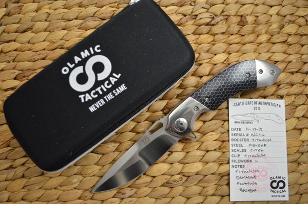 Olamic Cutlery Wayfarer Compact Flipper, Dark Blue C-TEK, Ti Damascus Floating Back Spacer (SOLD)