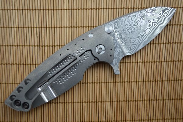 Direware HYPER-90 Flipper, Damasteel Blade, Dual Sided Dot Pattern Titanium Frame (SOLD)