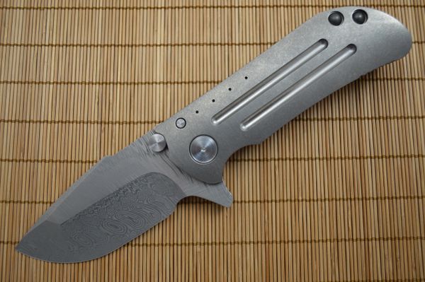 Direware M8 Flipper, Damasteel Multi-Grind Blade, Titanium Frame Single Side Fuller Pattern (SOLD)