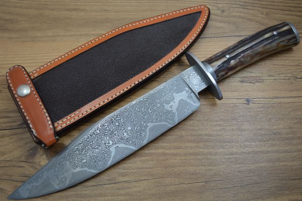 Mike Williams, M.S. Damascus Bowie, Stag Handle, Kenny Rowe Sheath (SOLD)