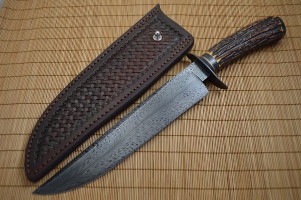 David Lisch, M.S. Feather Damascus Bowie, Sambar Stag, Rowe Leather Sheath (SOLD)