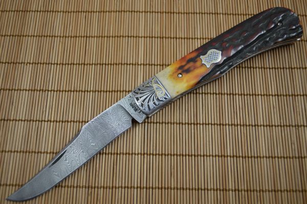 Steve Dunn, M.S. Large Damascus Trapper, Stag, 24K Gold Engraving (SOLD)