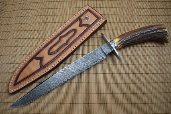 David Anders M.S. Large Damascus, Stag Bowie, Rowe Leather Sheath