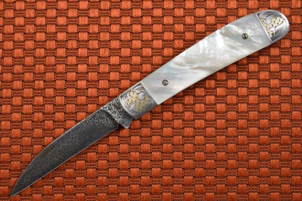 Steve Dunn, M.S. Gents Folder, Mother of Pearl, Thorns and Thistle Damascus, 24K Gold Engraving (SOLD)