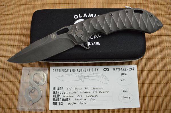 Olamic Cutlery Wayfarer 247 Stealth, Sculpted Titanium, Stonewashed Elmax Blade (SOLD)