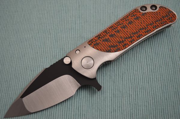 Direware M8 Flipper, Ti Frame, Double Sided Orange / Black Carbon Fiber Inlays, Satin Blade Black Ceramic Flats (SOLD)