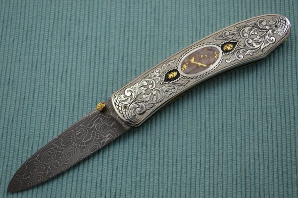 Jim Sornberger Damascus, Gold Engraved San Francisco Folder (SOLD)