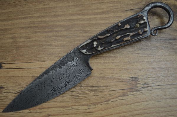 David Lisch, M.S. Flying Dragons Damascus Hunter, Sambar Stag, Rowe Leather Sheath (SOLD)