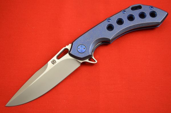 Olamic Cutlery Wayfarer 247 Blued Titanium Hole Pattern Handle, M390 Satin Blade (SOLD)