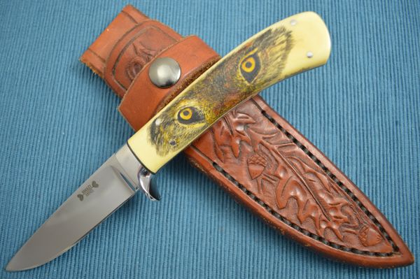 Dennis Bradley Drop Point Hunter, Scrimshawed Wolf Eyes, Tooled Leather Sheath (SOLD)