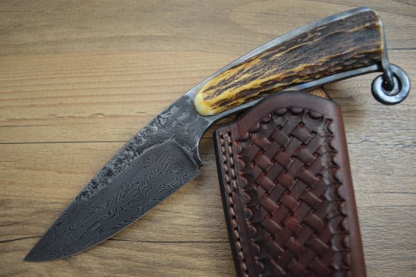 David Lisch, M.S. Meteor Shower Damascus Hunter, Sambar Stag, Rowe Leather Sheath (SOLD)