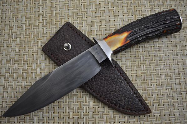 Jim Crowell, M.S. Canned Damascus Bowie Knife, Stag Handle, Shark Skin Sheath (SOLD)