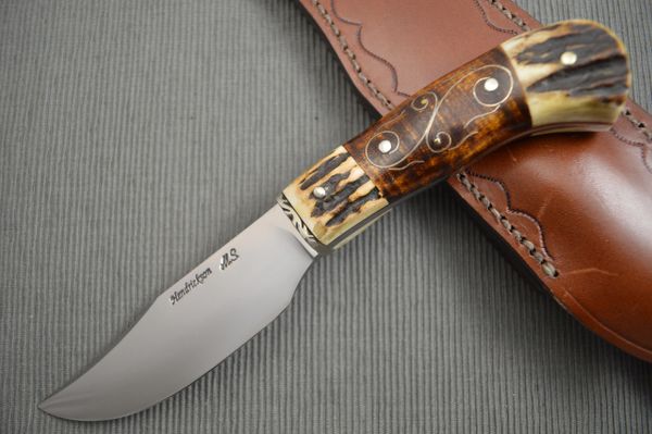 Jay Hendrickson, M.S. Clip Point Hunter, Curly Maple Silver Wire Inlay, Stag (SOLD)