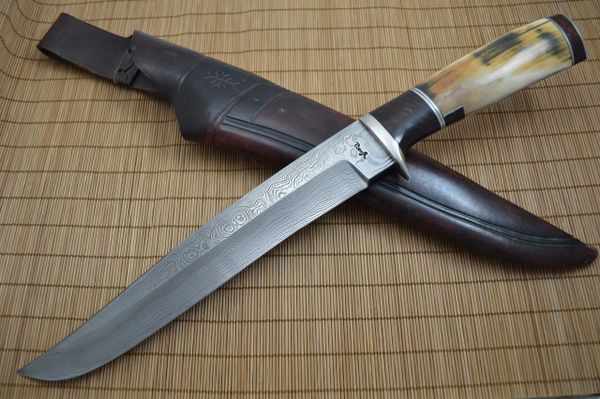 Roger Bergh 15.5" Fossilized Hunting Knife, 10" Damascus Blade