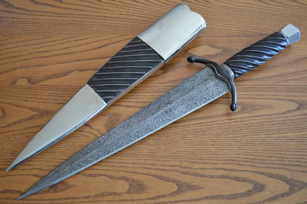 Gary Mulkey Damascus Quillon Dagger, African Blackwood, Silver Wire Inlay (SOLD)