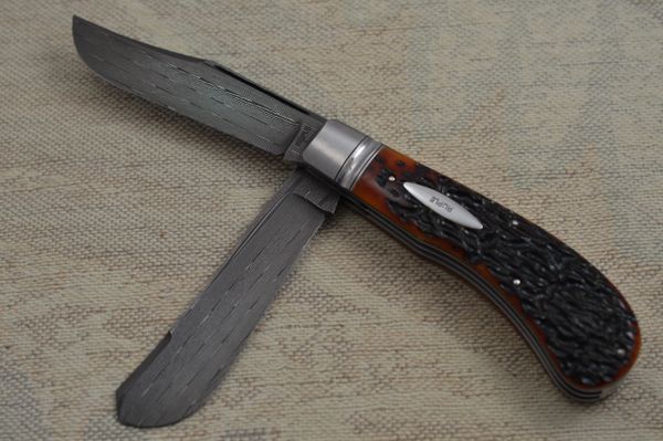 Bill Ruple Two-Blade Saddlehorn Trapper, Rob Thomas Damascus, File-Worked Liners (SOLD)