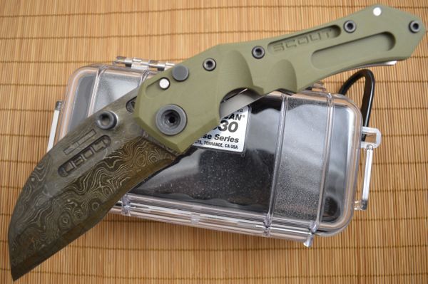 Dwaine Carrillo Alabama Damascus PROTOTYPE Button-Lock Scout M4, OD Green G10 (SOLD)