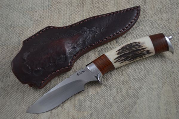 Jim Siska Drop Point Recurve Hunter, Stag and Stacked Leather Handle (SOLD)