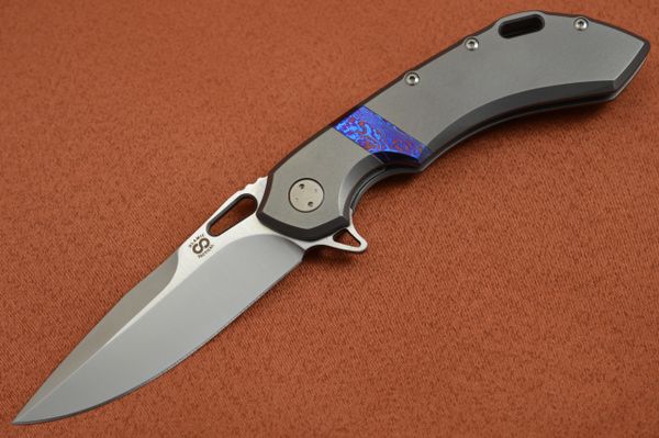 Olamic Cutlery Wayfarer 247 Titanium Damascus Clip / Inlay, Satin Elmax Blade (SOLD)