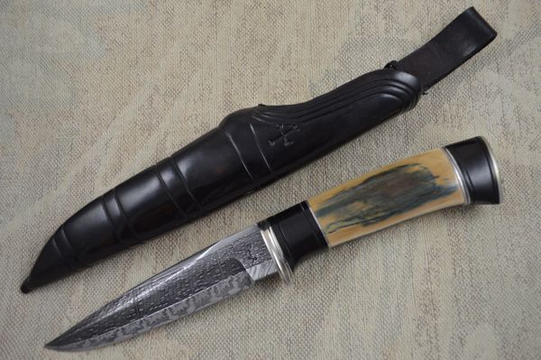 Roger Bergh Fossilized Handle and Damascus Hunting Knife (SOLD)