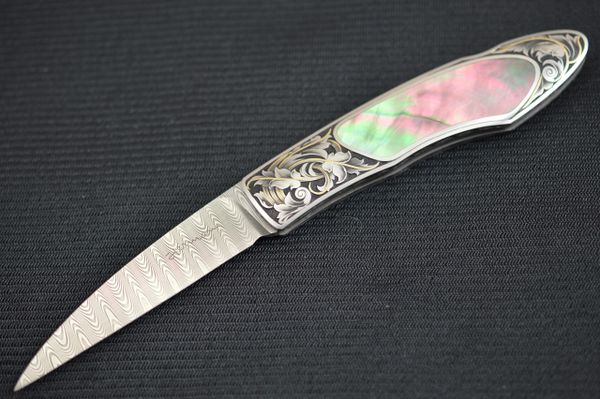 Tim Herman Engraved Blacklip Tahitian Pearl & Damascus Lock-Back Folding Knife (SOLD)