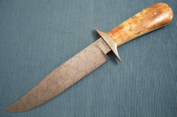 Steve Dunn M.S. Mosaic Damascus, Fossilized Bowie, 24K Gold Scroll Work (SOLD)