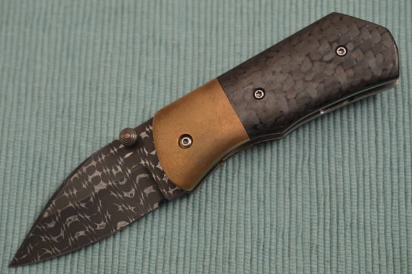 Chuck Gedraitis MONGOOSE Liner Lock Folding Knife, Razor Wire Damascus, CF, Timascus Pocket Clip (SOLD)