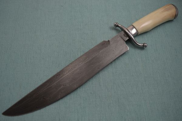 Gary Mulkey Merovingian Pattern Damascus FIGHTER, Fossilized Natural Handle (SOLD)