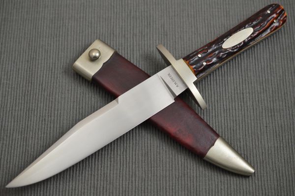 Roger Green Stag GUADALUPE Bowie, Leather and Nickel Silver Sheath (SOLD)