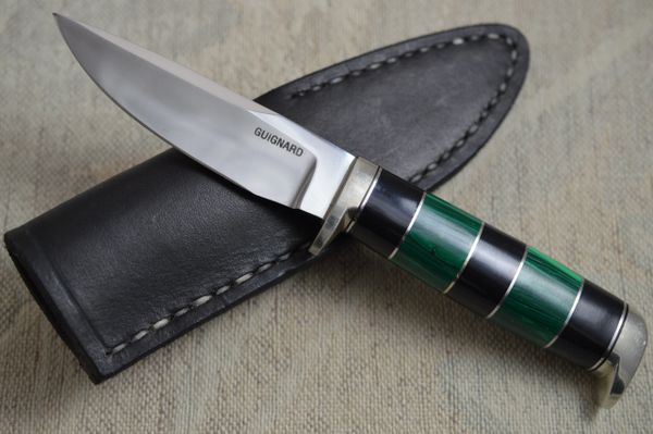 Gib Guignard Malachite and Onyx Custom Hunting Knife, Leather Sheath (SOLD)