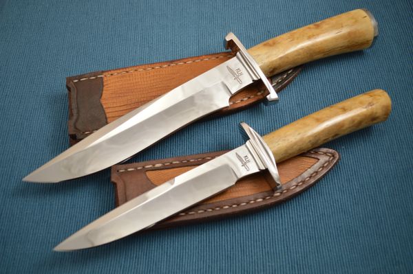 Kevin Hoffman KLH Recurve Bowie and Fighter, Matched Set, Fossil Scales, Leather Sheaths Exotic Inlays (SOLD)