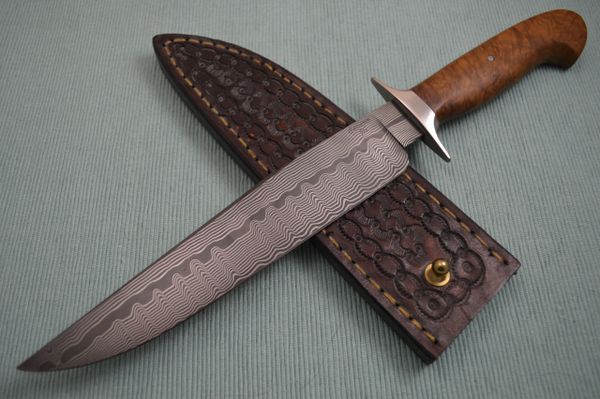 Craig Camerer, J.S. "Slim Pickens" Damascus Bowie, Leather Sheath (SOLD)